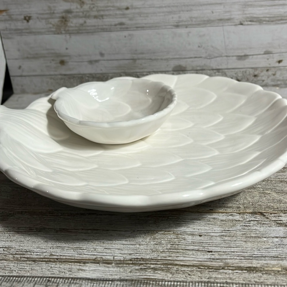 Vintage Fitz & Floyd Artichoke Plate White Ceramic Serving Platter Chip Dip 9.5"